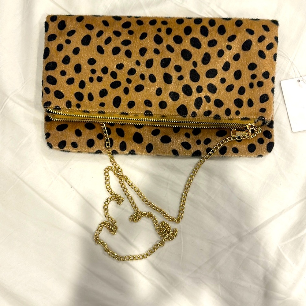 Leopard fold over fabric clutch